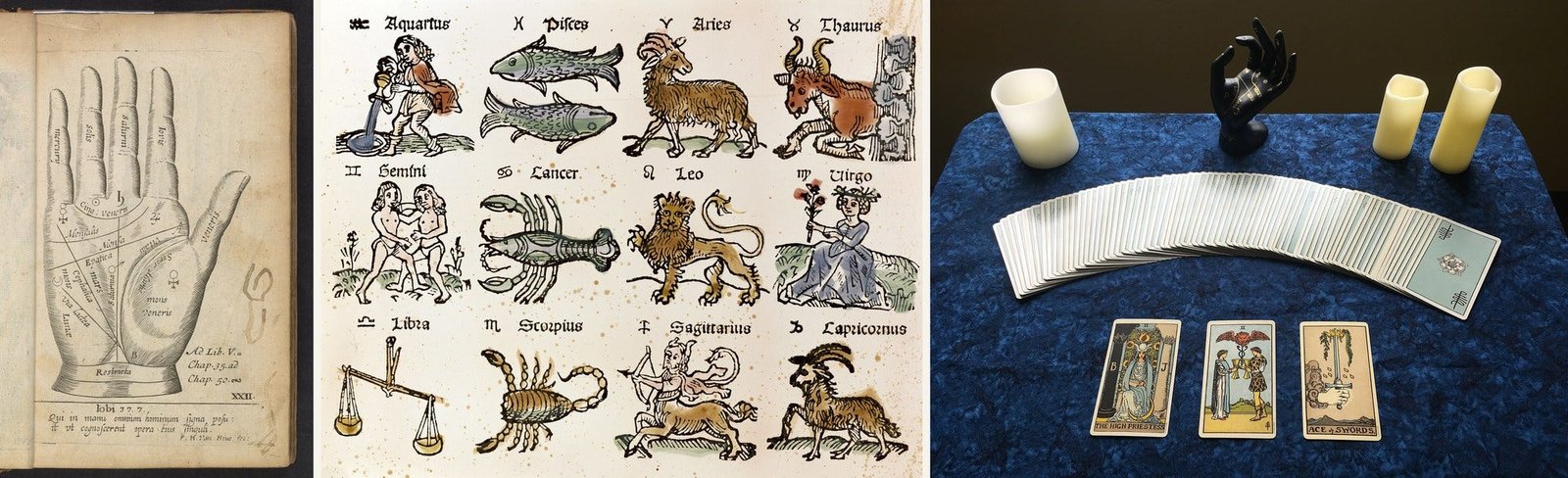 Left: a palmistry chart of the right hand, from William Salmon, public domain. Middle: a 16th-century German woodcut of the twelve signs of the zodiac, public domain. Right: a three-card tarot spread (Nosferattus, CC0). Via Wikimedia Commons.