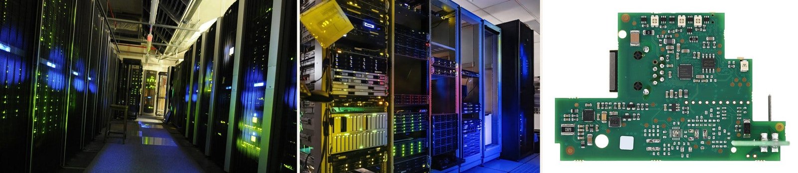 Left: the server room at The National Archives, UK (CC BY 3.0). Middle: server racks at NOIRLab headquarters, Tucson (NOIRLab/NSF/AURA/T. Slovinský, CC BY 4.0). Right: the back of a circuit board (Phiarc, CC BY-SA 4.0). Via Wikimedia Commons.