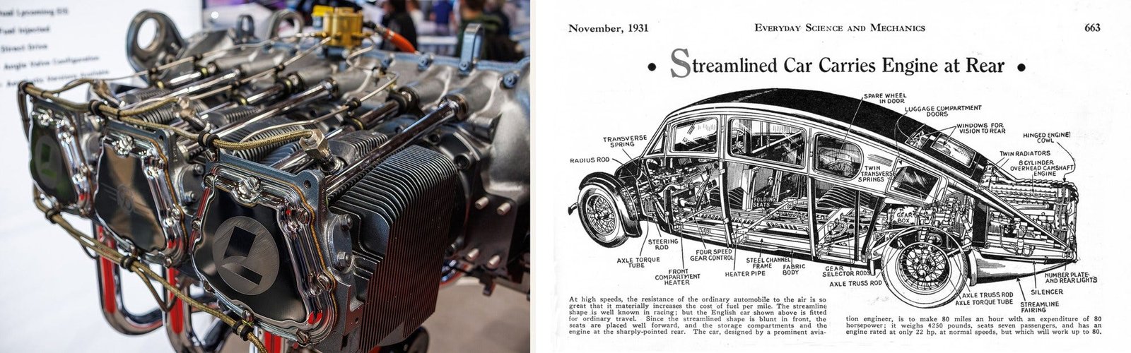 Left: a cutaway of a Lycoming IO-580 aircraft engine at AERO Friedrichshafen 2025 (New York-air, CC BY-SA 4.0). Right: “Streamlined Car Carries Engine at Rear,” Everyday Science and Mechanics, November 1931, public domain. Via Wikimedia Commons.