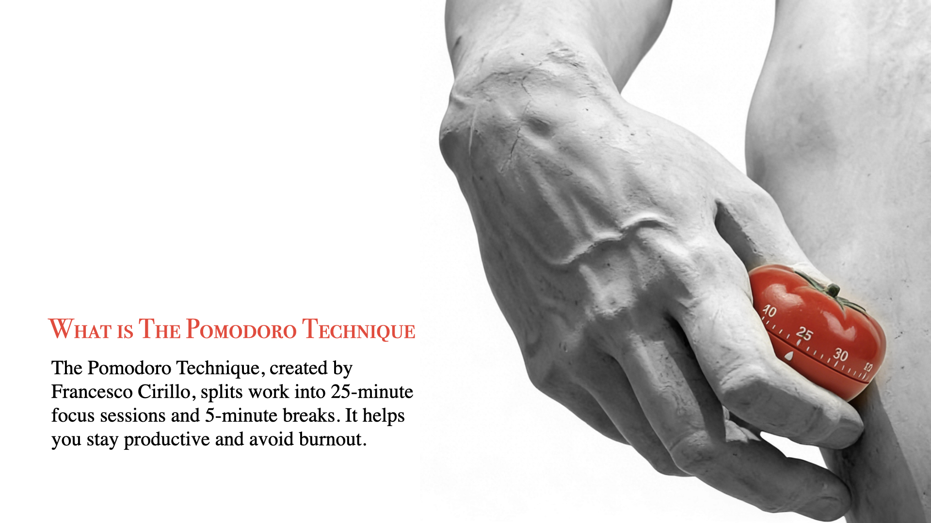 David's hand with Pomodoro timer — the technique explained